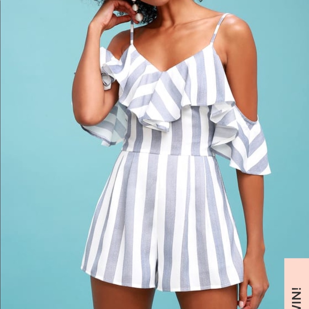 Blue and White Striped Off-the-Shoulder Romper